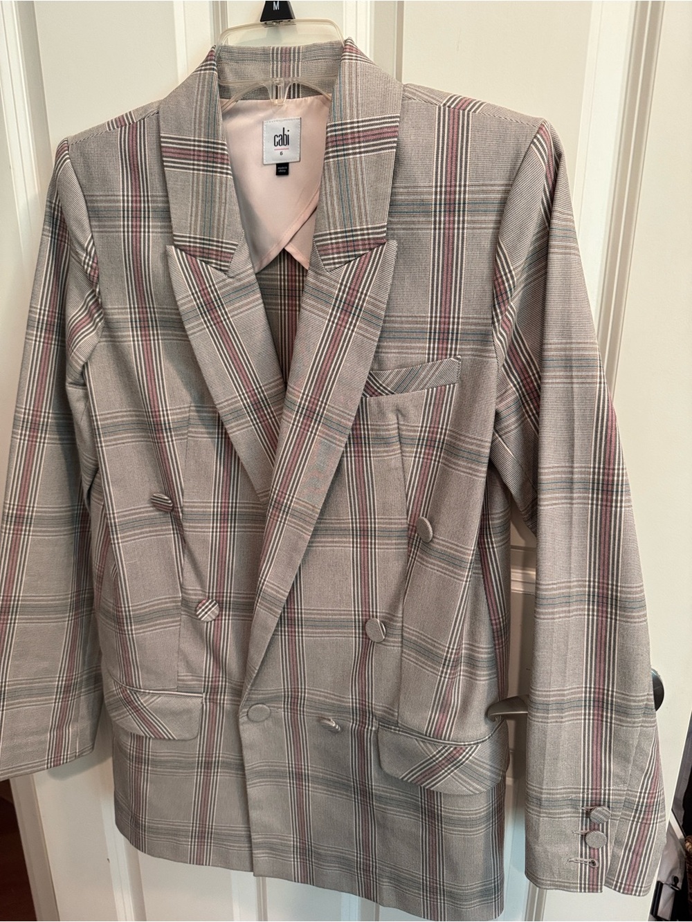CAbi Taupe Plaid Blazer with Pink Stripe
